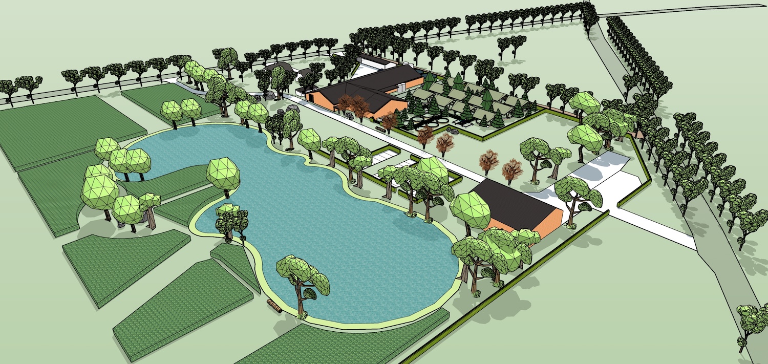 De schets van hoe de zalmboerderij er uit moet komen te zien